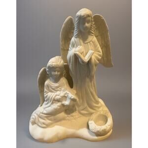 Porcelain Christmas Angel Candle Holder 2 angels singing Bisque Color Preowned
